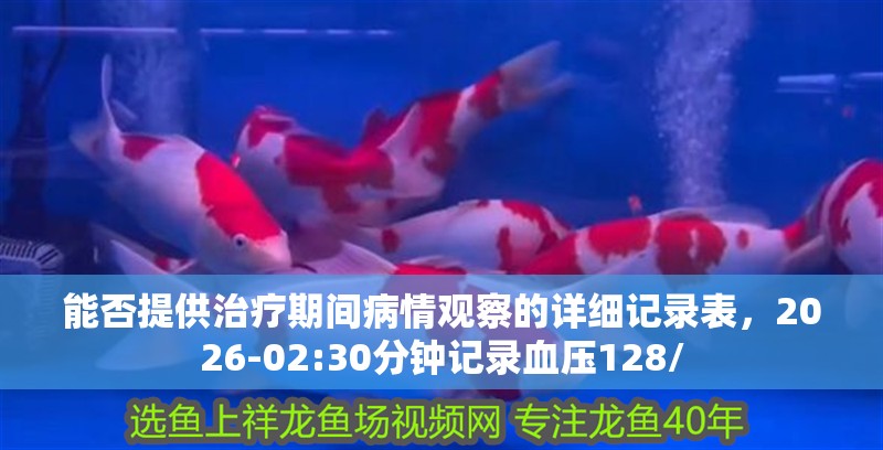 能否提供治療期間病情觀察的詳細記錄表，2026-02:30分鐘記錄血壓128/