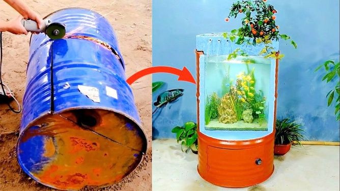 大油桶制作魚缸：大油桶可以經(jīng)過(guò)改造制作成魚缸，這是一種廢物利用的方式