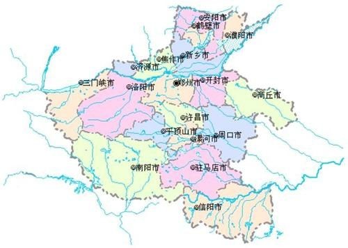 河南省水系圖：全國唯一一個橫跨長江、黃河、淮河、海河四大流域的省