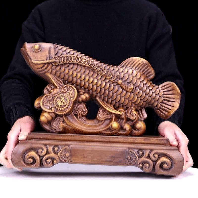 弘才中式木雕金龍魚擺件