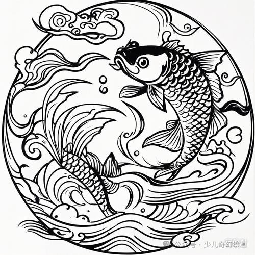 推薦一些國潮風格的金龍魚線描圖片