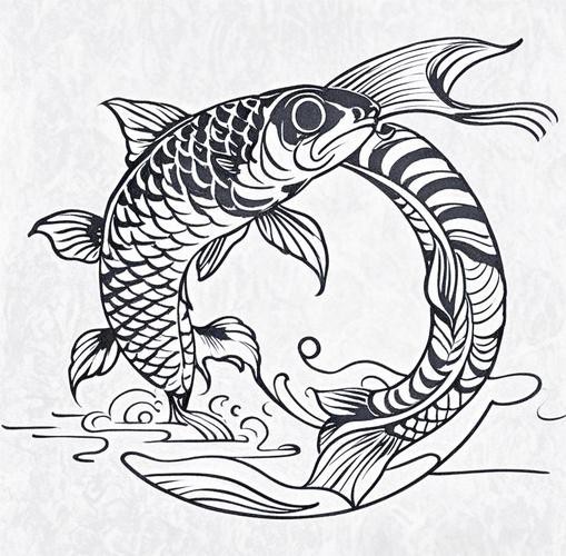 推薦一些國潮風格的金龍魚線描圖片