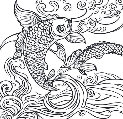 推薦一些國潮風格的金龍魚線描圖片