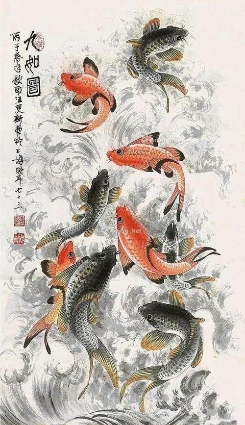 給我推薦一些著名的九龍魚國畫作品：中國畫龍魚大寫意創新技法奠基人薛九州百米長卷被北京人民大會堂典藏