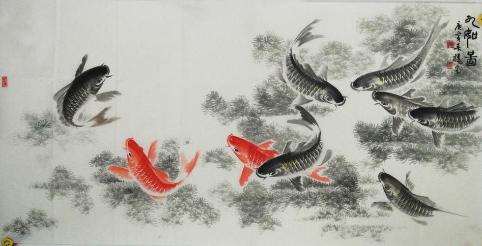 給我推薦一些著名的九龍魚國畫作品：中國畫龍魚大寫意創新技法奠基人薛九州百米長卷被北京人民大會堂典藏