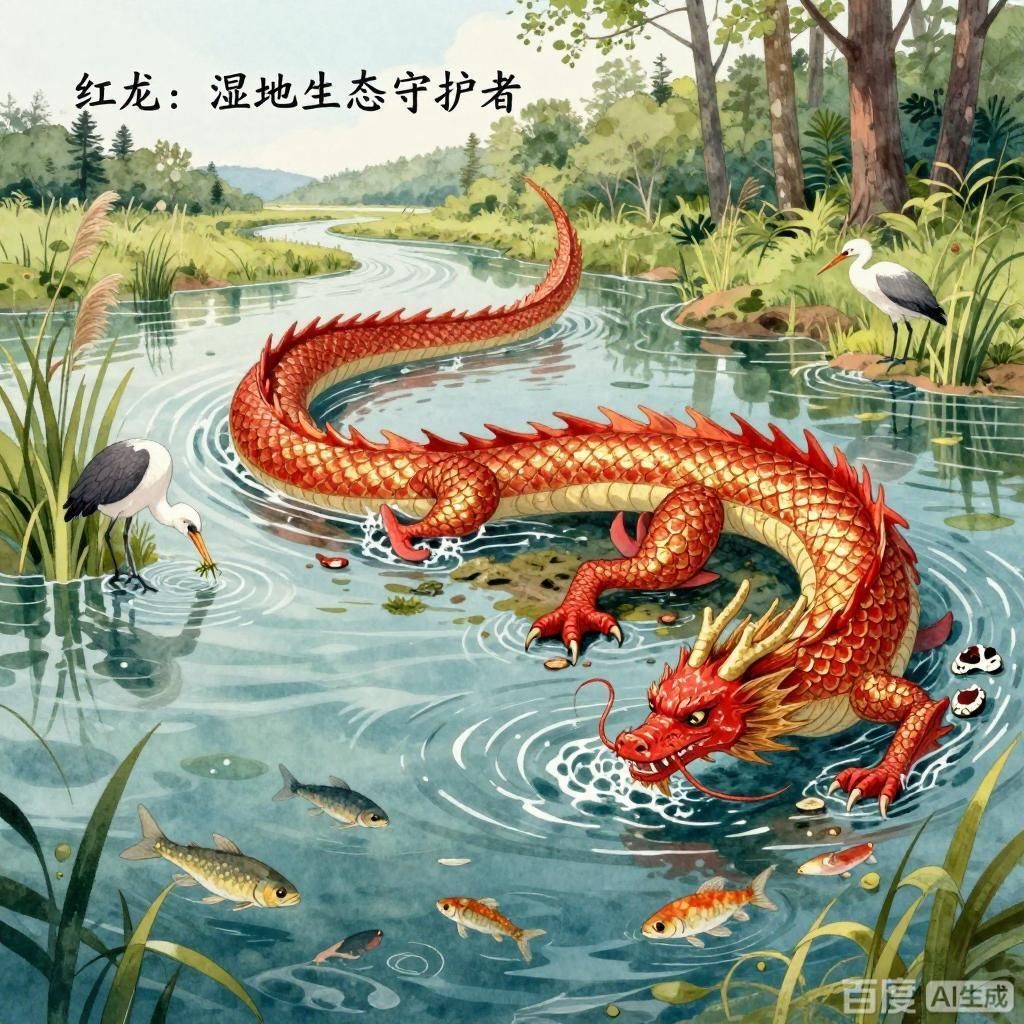紅龍在生態系統中的作用（4張插畫圍繞生態系統中的紅龍展開）