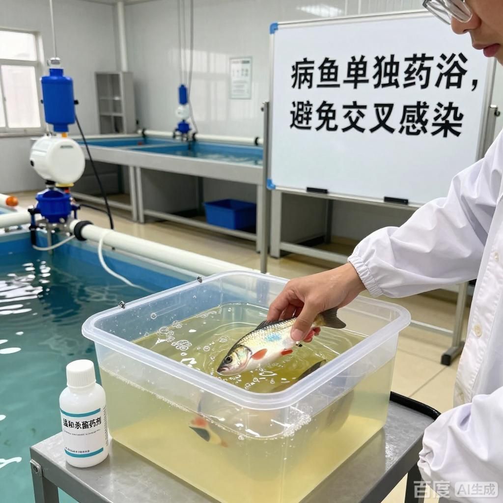 能否提供更多預防魚類體表潰爛的措施，四張插畫圍繞魚類體表潰爛預防展開