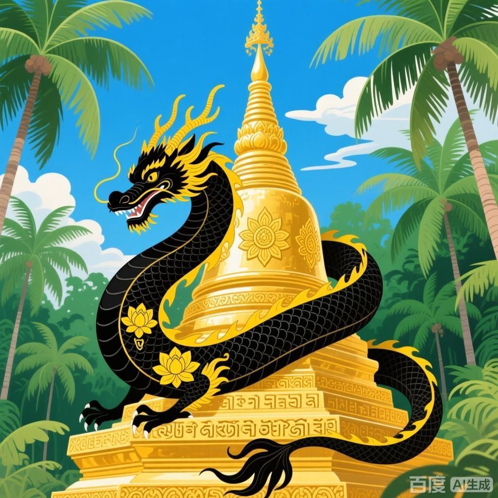 黑色龍在不同文化中的角色，四幅插畫分別展現不同文化里的黑龍