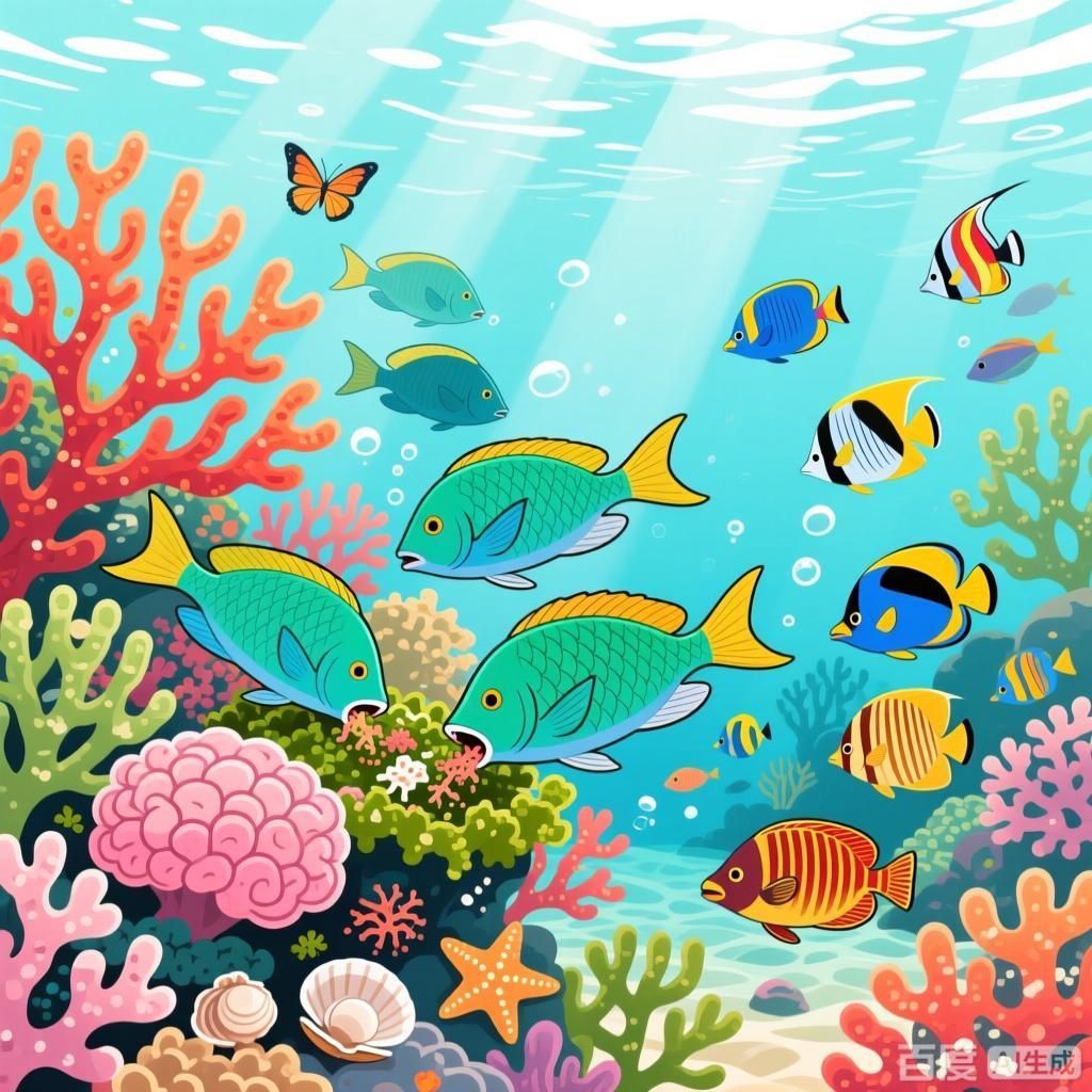 哪些魚種在饑餓時最活躍，四張插畫風(fēng)格圖，分別呈現(xiàn)不同饑餓活躍魚種的水下場景