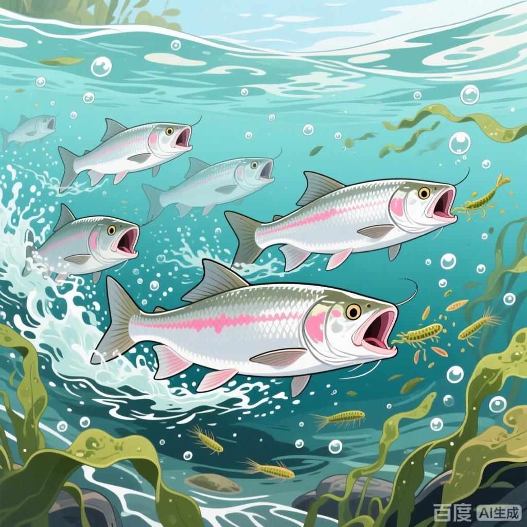哪些魚種在饑餓時最活躍，四張插畫風(fēng)格圖，分別呈現(xiàn)不同饑餓活躍魚種的水下場景