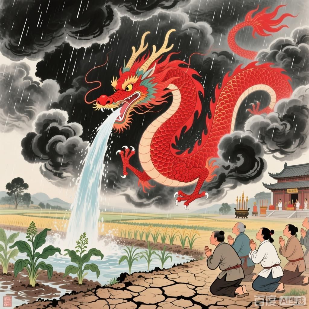 詳解紅龍在民間信仰中的靈力，四幅圍繞民間信仰中紅龍靈力的插畫