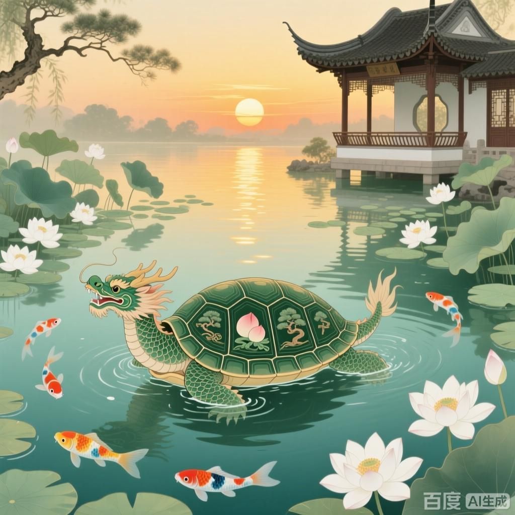 龍龜在中國文化中的象征意義，四幅圍繞中國文化中龍龜象征意義的插畫