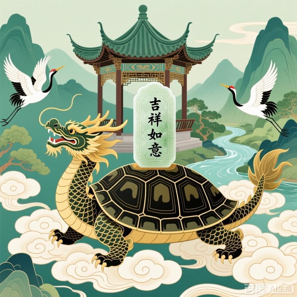 龍龜在中國文化中的象征意義，四幅圍繞中國文化中龍龜象征意義的插畫