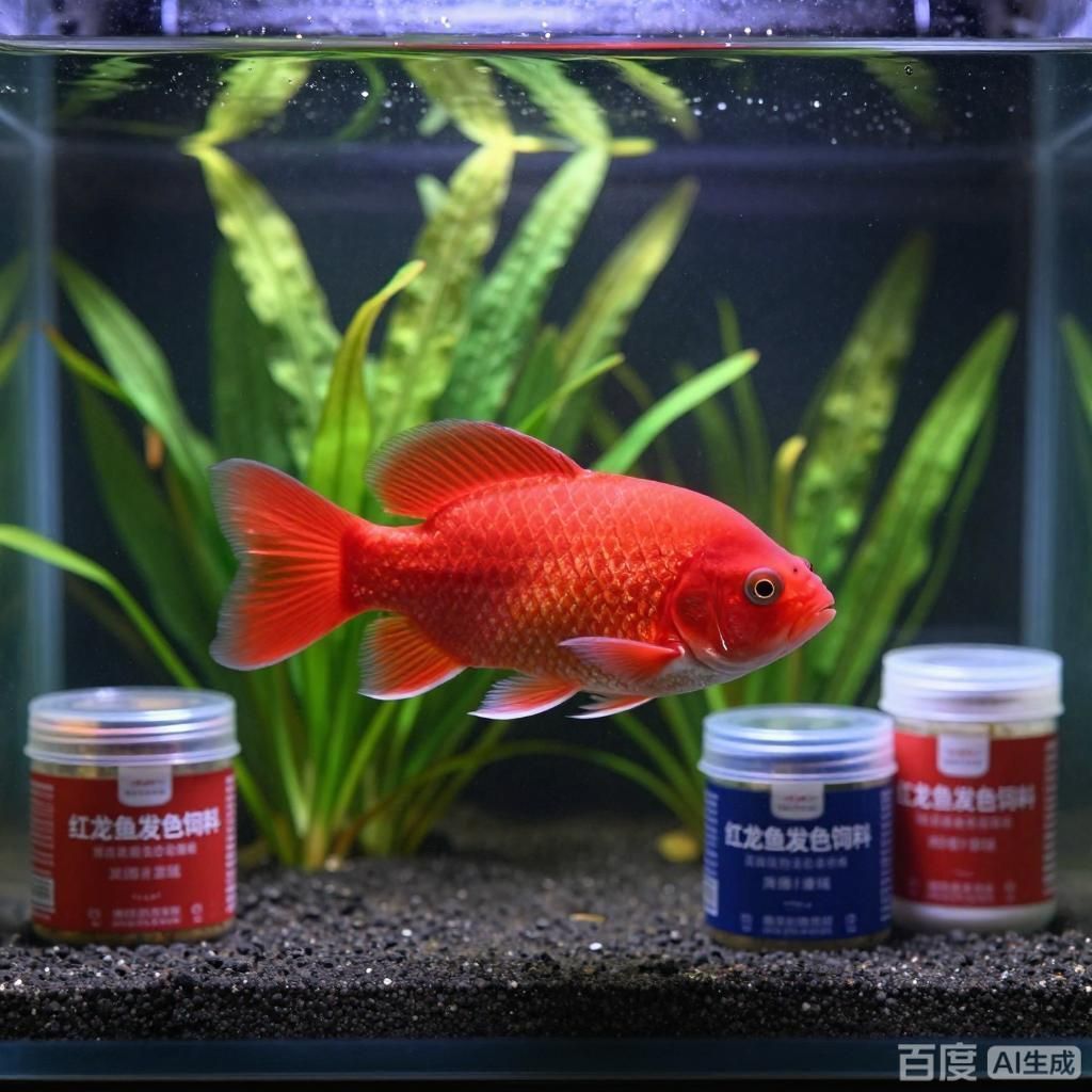 紅龍魚發(fā)色飼料選擇，四張圖圍繞紅龍魚發(fā)色飼料展開呈現(xiàn)不同場景下的紅龍魚與對應(yīng)飼料
