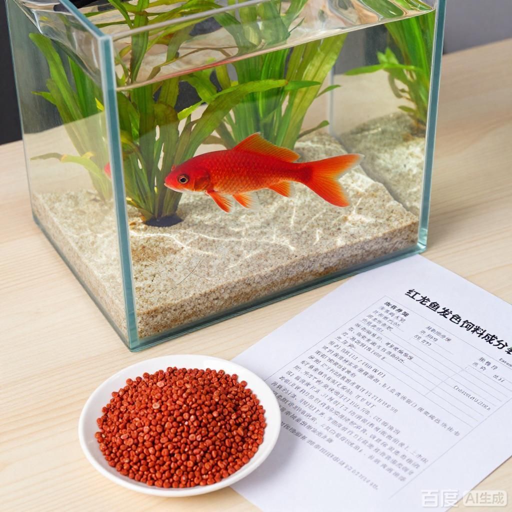 紅龍魚發色飼料選擇，四張圖圍繞紅龍魚發色飼料展開呈現不同場景下的紅龍魚與對應飼料