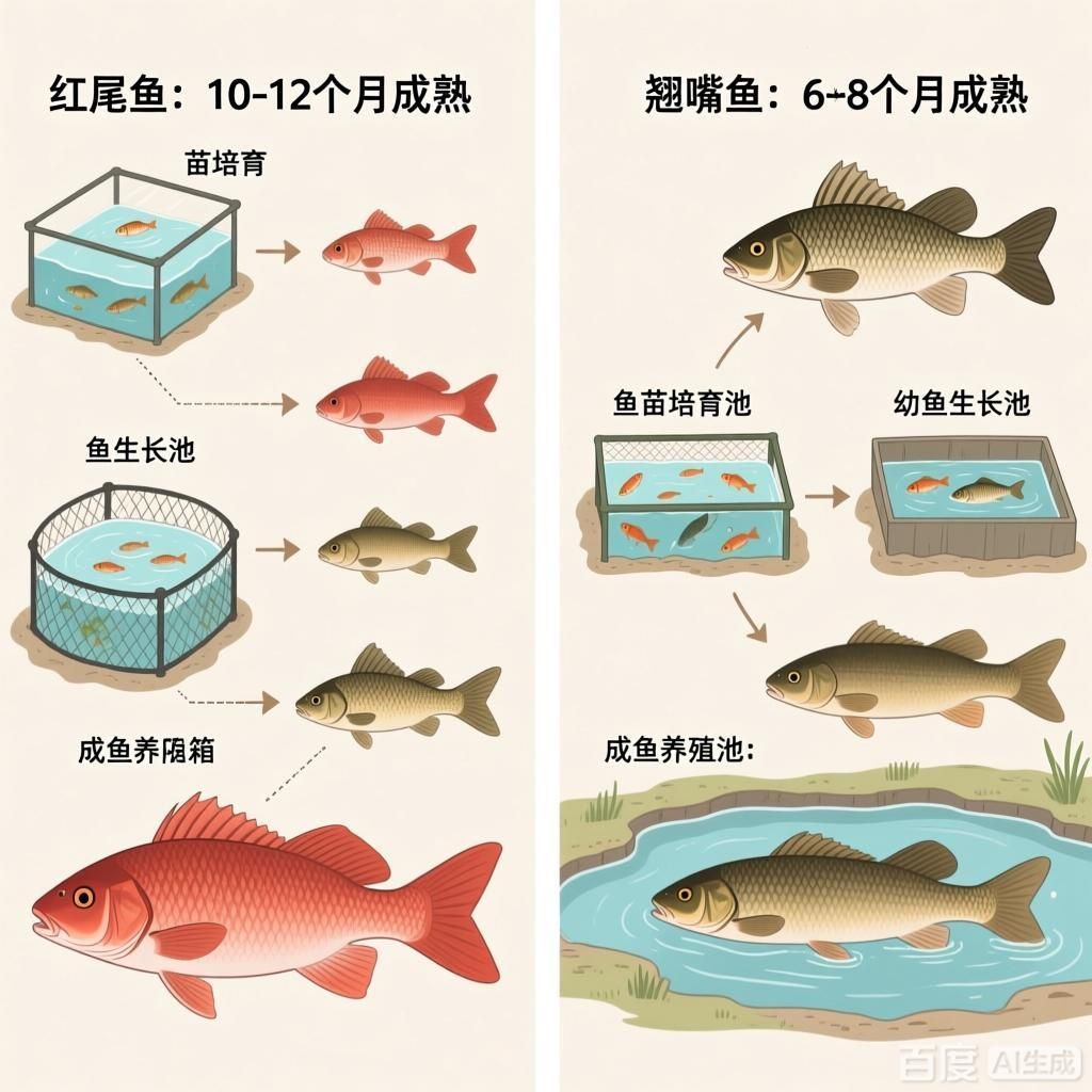 紅尾魚和翹嘴魚的養殖周期對比，尾魚和翹嘴魚的養殖周期對比