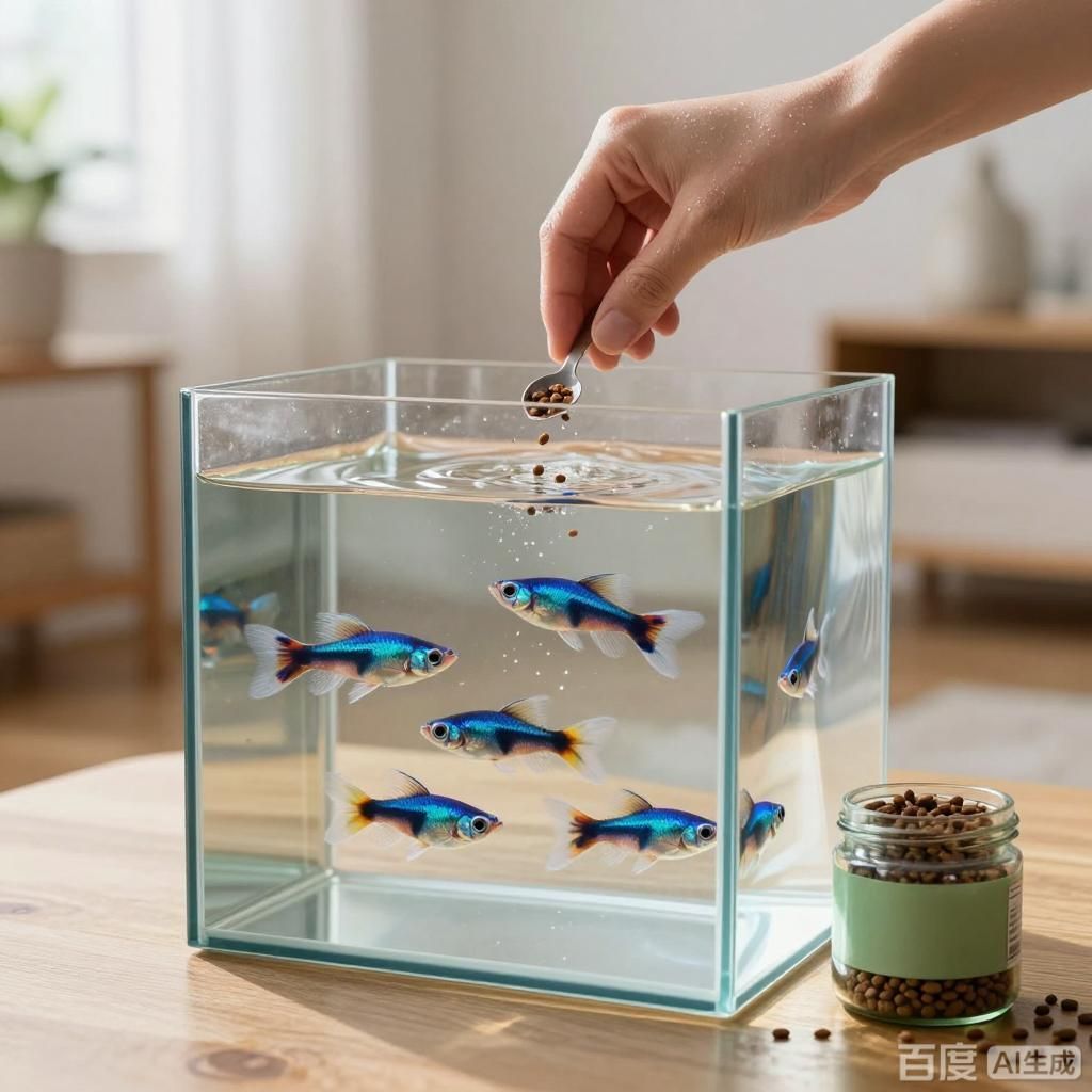 孔雀魚多久喂一次，4張圖圍繞孔雀魚喂食主題展開以寫實水族風格呈現
