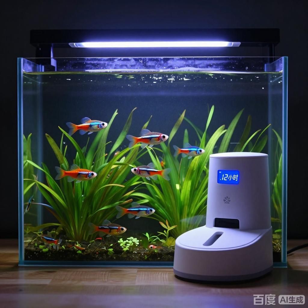 孔雀魚多久喂一次，4張圖圍繞孔雀魚喂食主題展開以寫實水族風格呈現