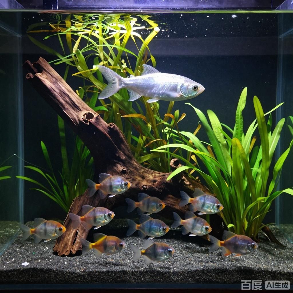推薦一些與招財貓魚混養的魚類，四張圖均為水族箱場景展示招財貓魚與哪些魚類混養最好