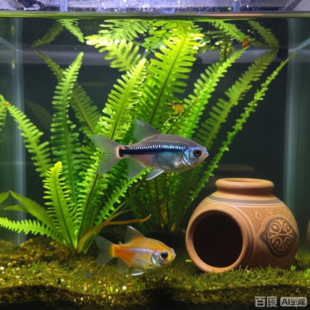 推薦一些與招財貓魚混養的魚類，四張圖均為水族箱場景展示招財貓魚與哪些魚類混養最好