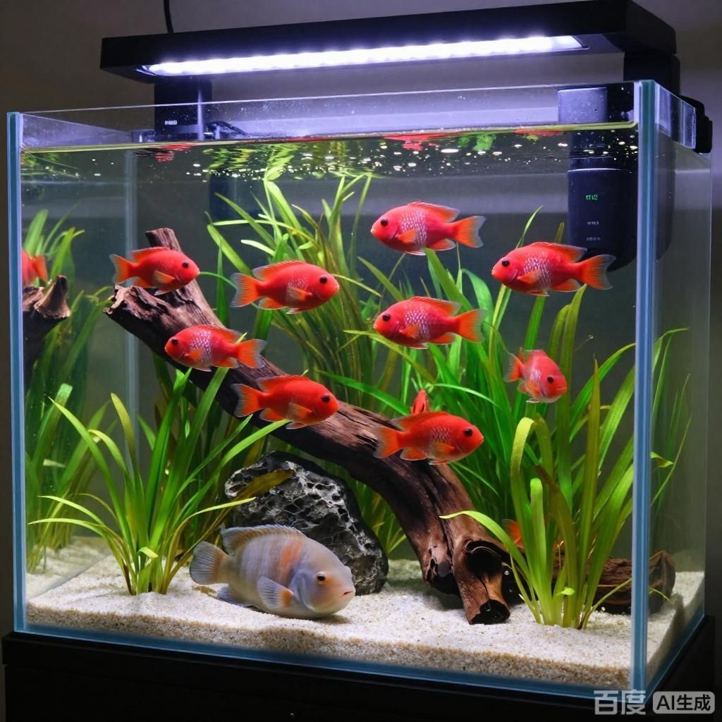 推薦一些與招財貓魚混養的魚類，四張圖均為水族箱場景展示招財貓魚與哪些魚類混養最好
