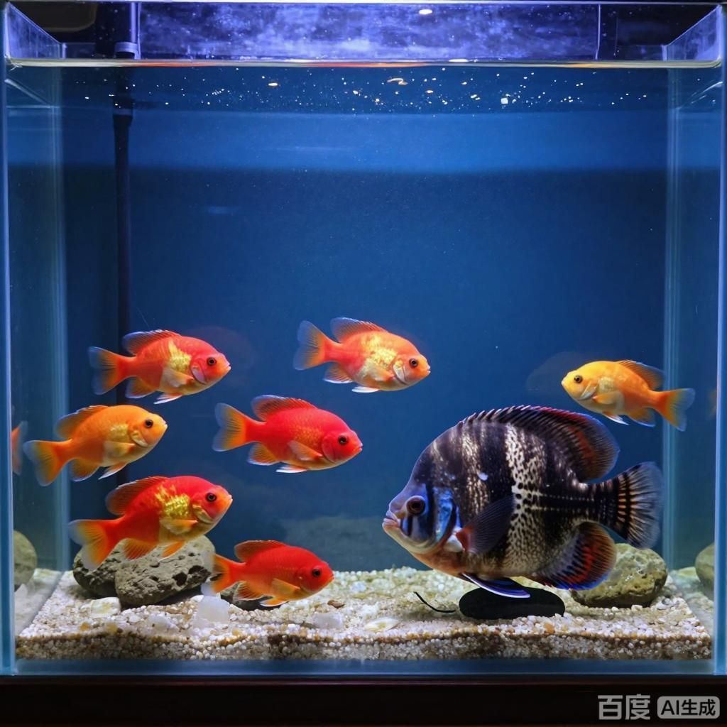 推薦一些與招財貓魚混養的魚類，四張圖均為水族箱場景展示招財貓魚與哪些魚類混養最好