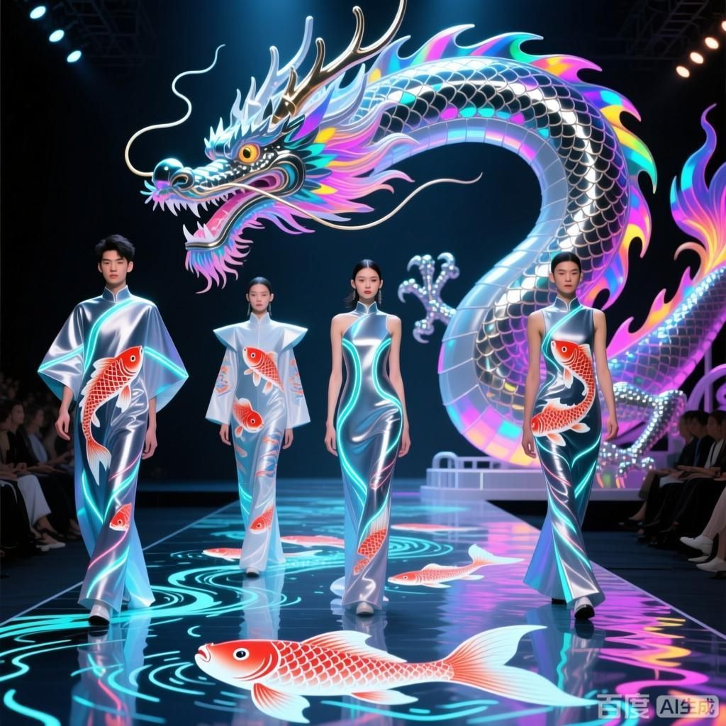 能否提供更多龍魚戲的現代創新例子，四幅插畫圍繞龍魚戲的現代創新展開