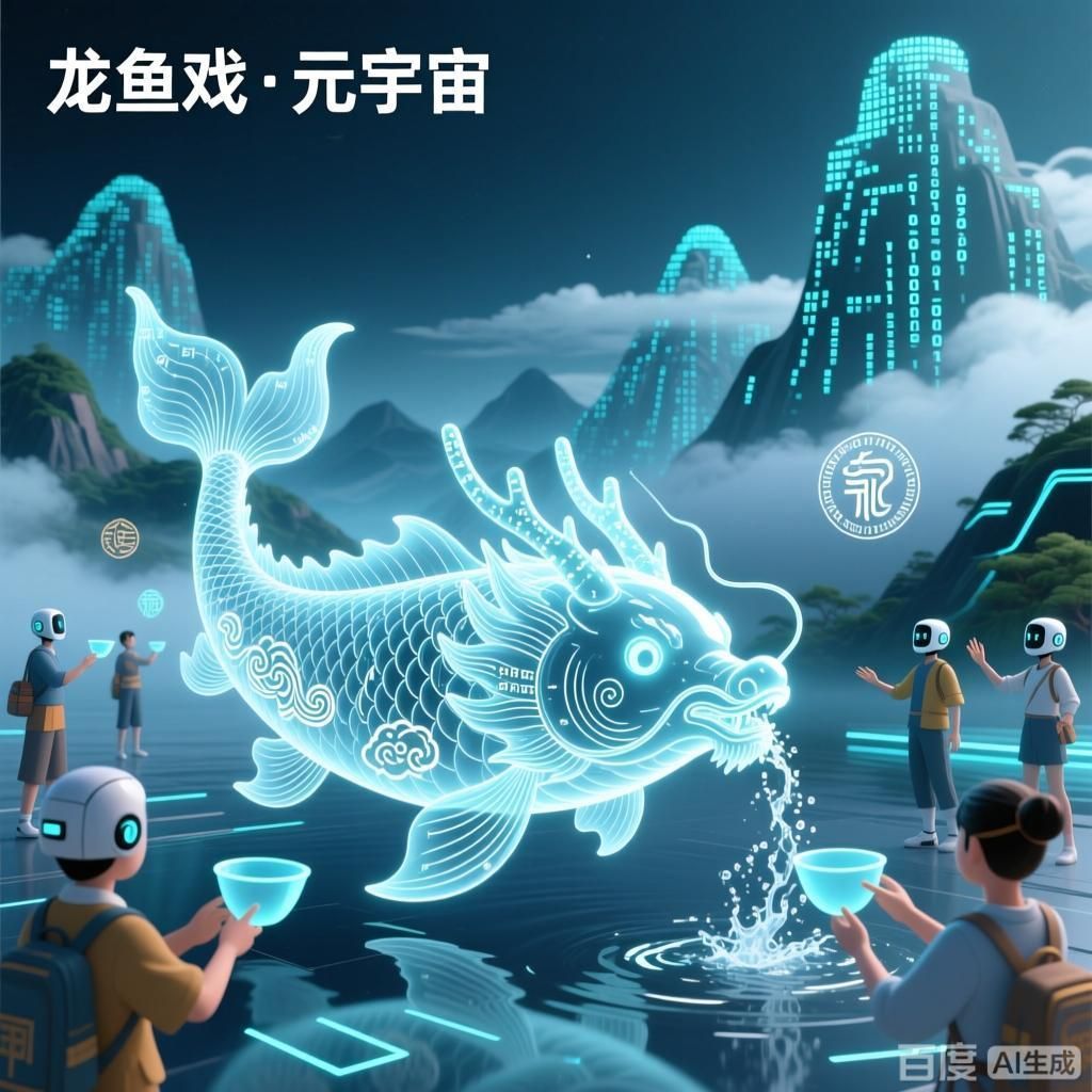 能否提供更多龍魚戲的現代創新例子，四幅插畫圍繞龍魚戲的現代創新展開