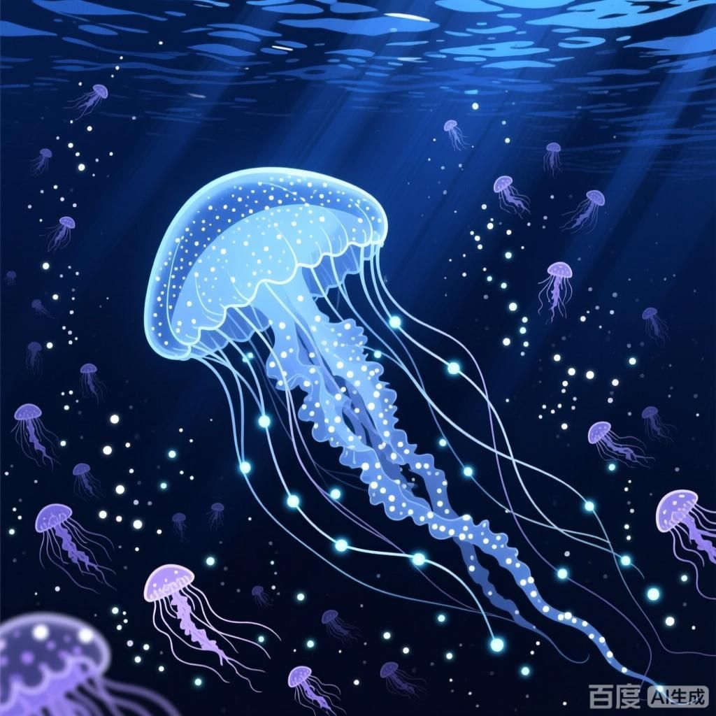 能再詳細介紹幾種海洋不明生物嗎，四張插畫風格的海洋不明生物圖