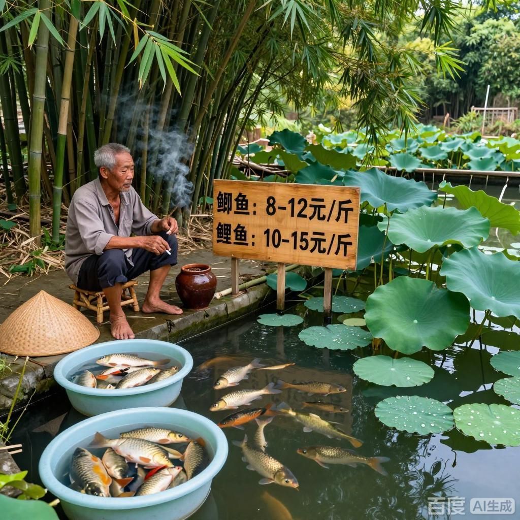 這些漁場的價格范圍是多少？，4張圖均圍繞漁場及價格展開以寫實風格呈現不同風格