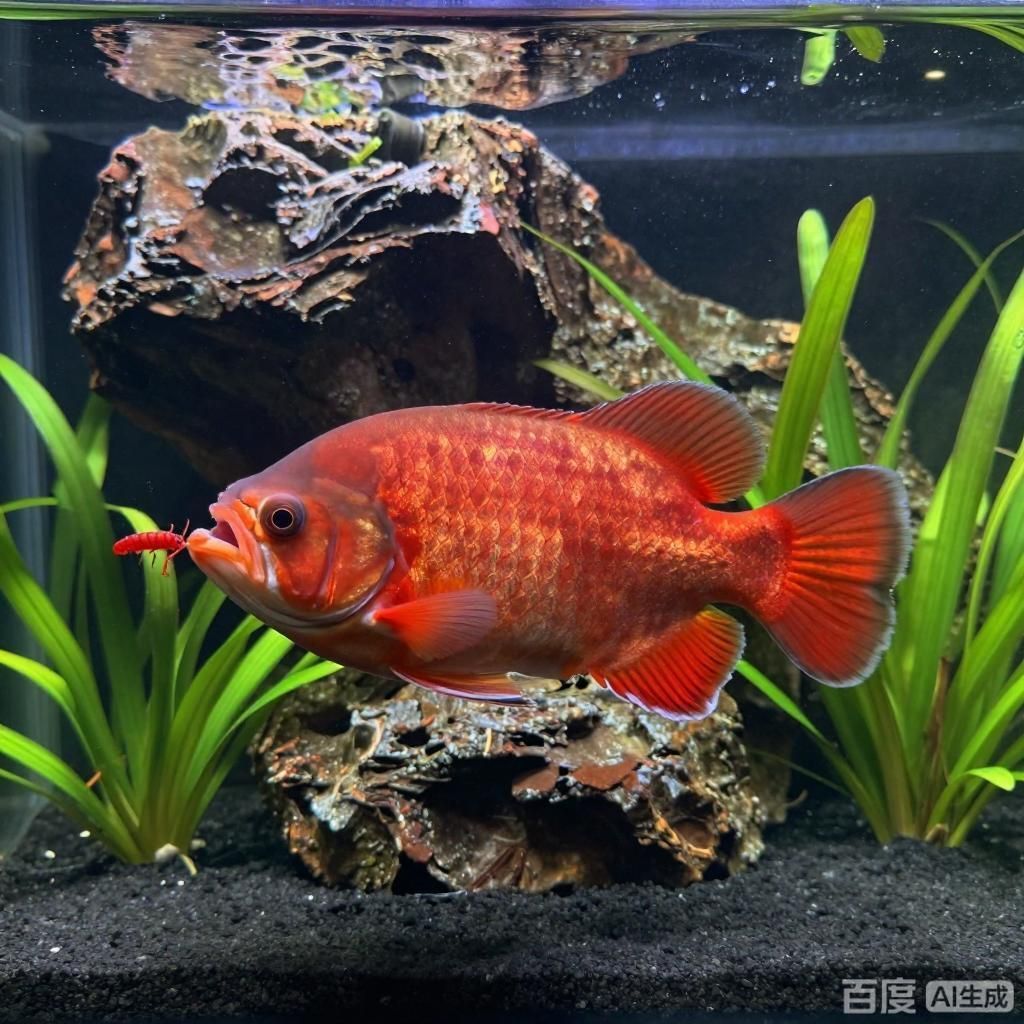 紅龍魚最喜歡吃什么食物，紅龍魚在水族箱中進食不同喜愛食物的場景風格寫實