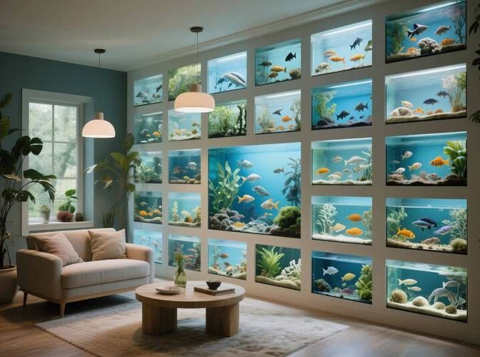 給我一些家庭水族箱布置的圖片，家庭水族箱如何布置