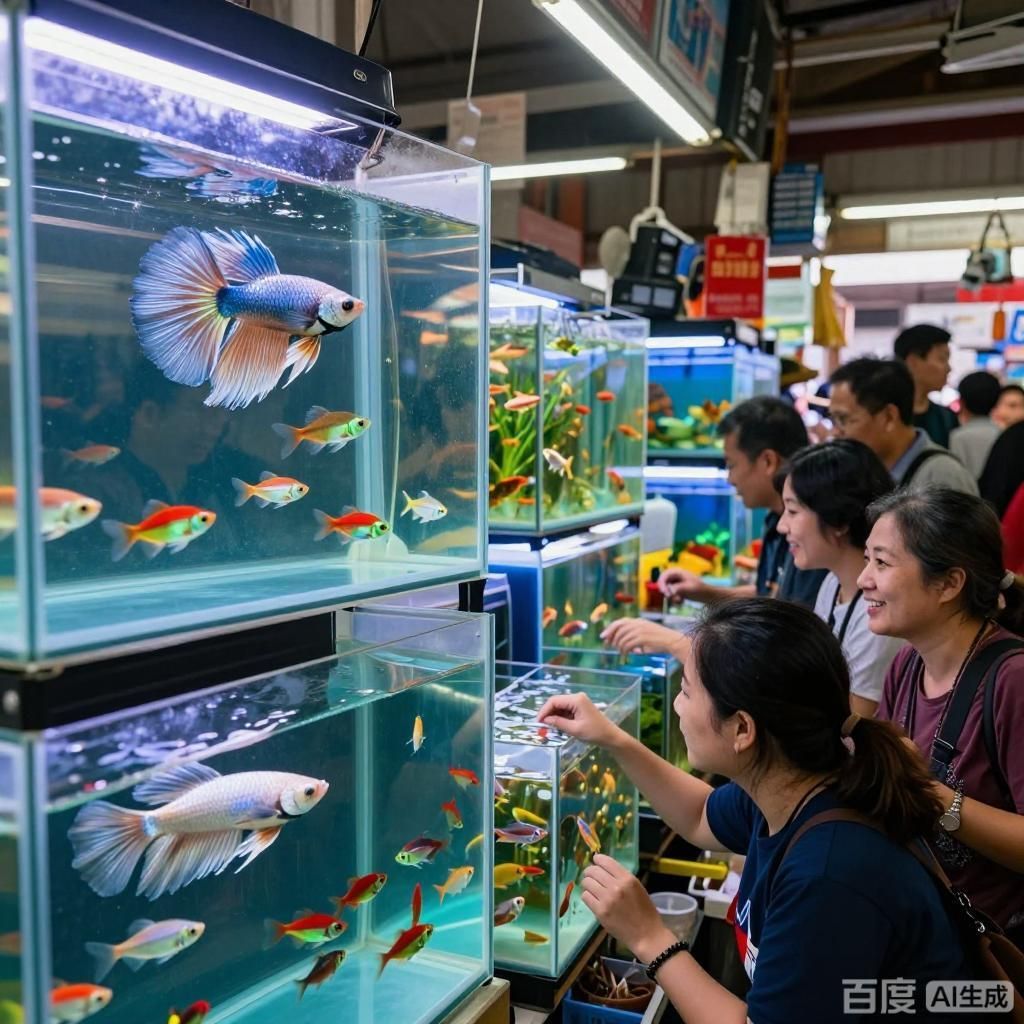 觀賞魚批發市場有哪些知名品種，觀賞魚批發市場場景插畫