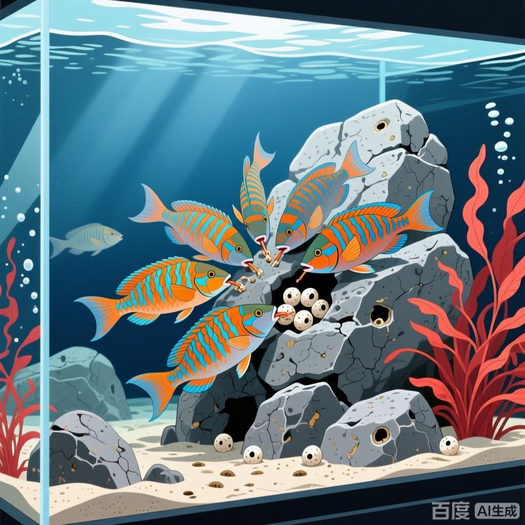 哪些魚會(huì)啄食魚卵，4張插畫風(fēng)格的圖片，展示不同魚類啄食魚卵的場景