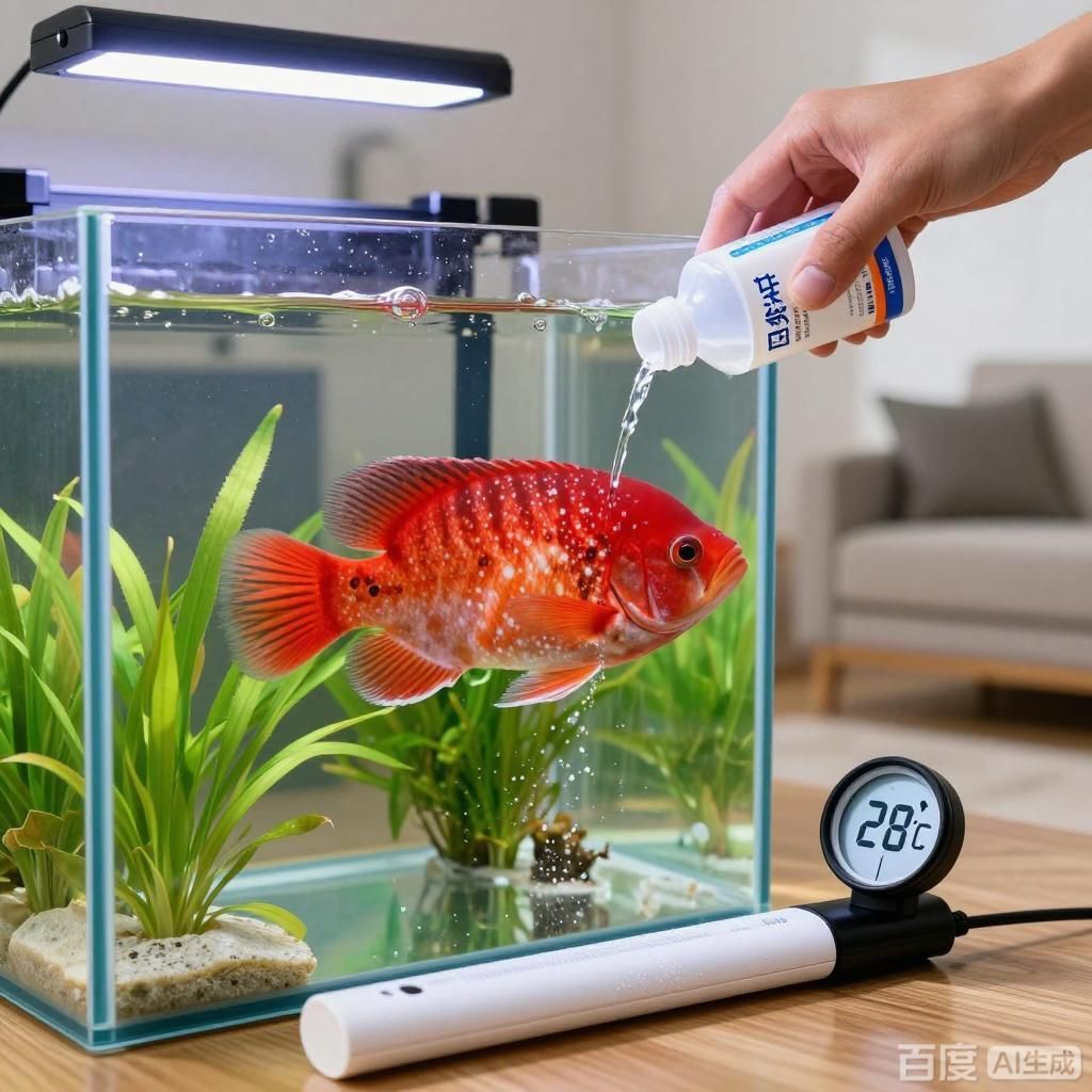 給我一些龍魚生病時的治療案例，給我一些龍魚生病時的治療案例,4張圖均為龍魚生病治療場景插畫