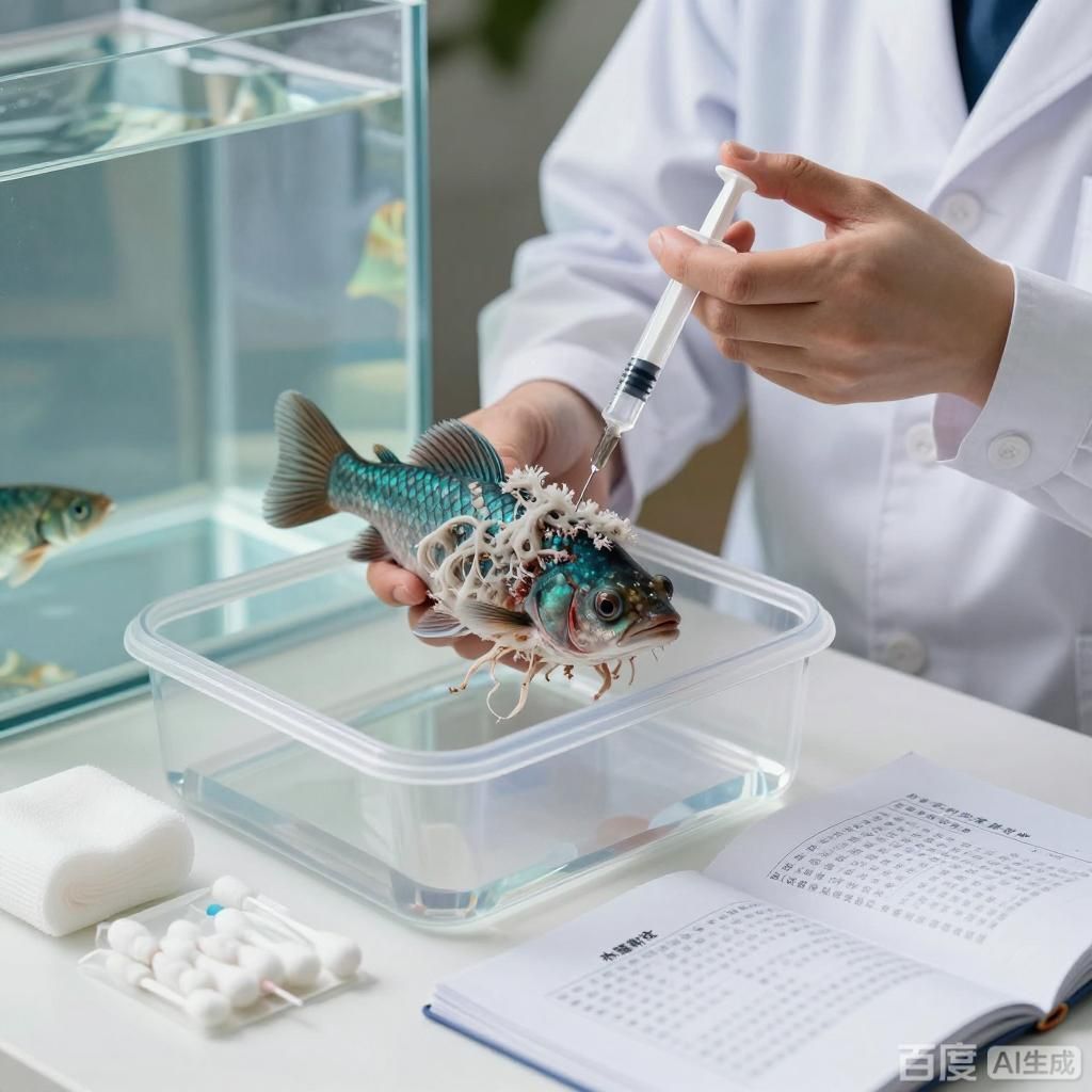 給我一些龍魚生病時的治療案例，給我一些龍魚生病時的治療案例,4張圖均為龍魚生病治療場景插畫