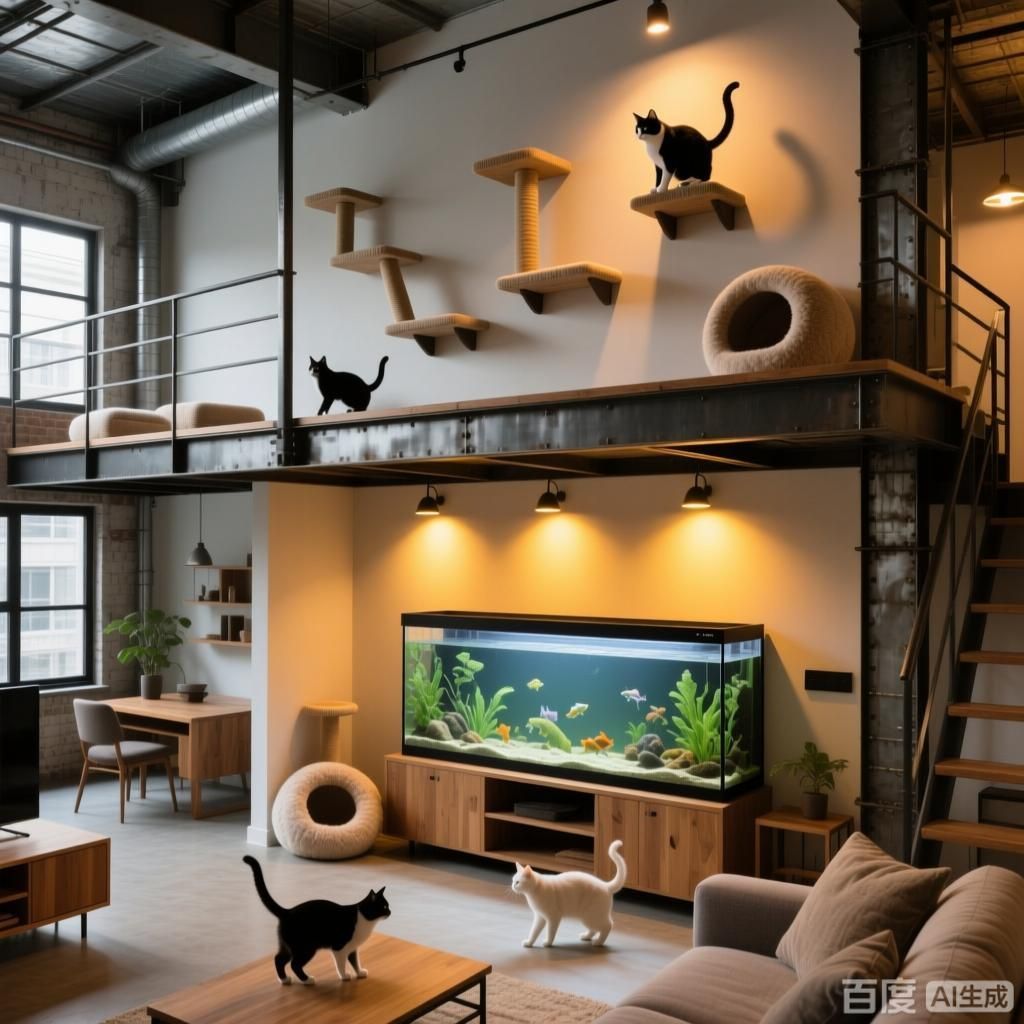 給我一些養魚和養貓的空間配置示例，養魚與養貓的空間配置示例
