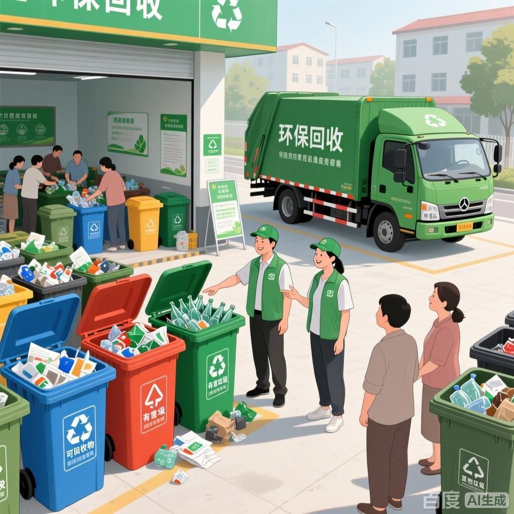 能詳細(xì)解釋回收再利用的過(guò)程嗎，四張插畫分別從不同環(huán)節(jié)展現(xiàn)回收再利用的過(guò)程