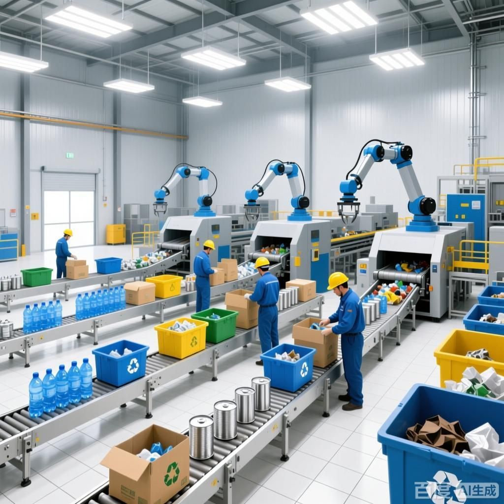 能詳細(xì)解釋回收再利用的過(guò)程嗎，四張插畫分別從不同環(huán)節(jié)展現(xiàn)回收再利用的過(guò)程