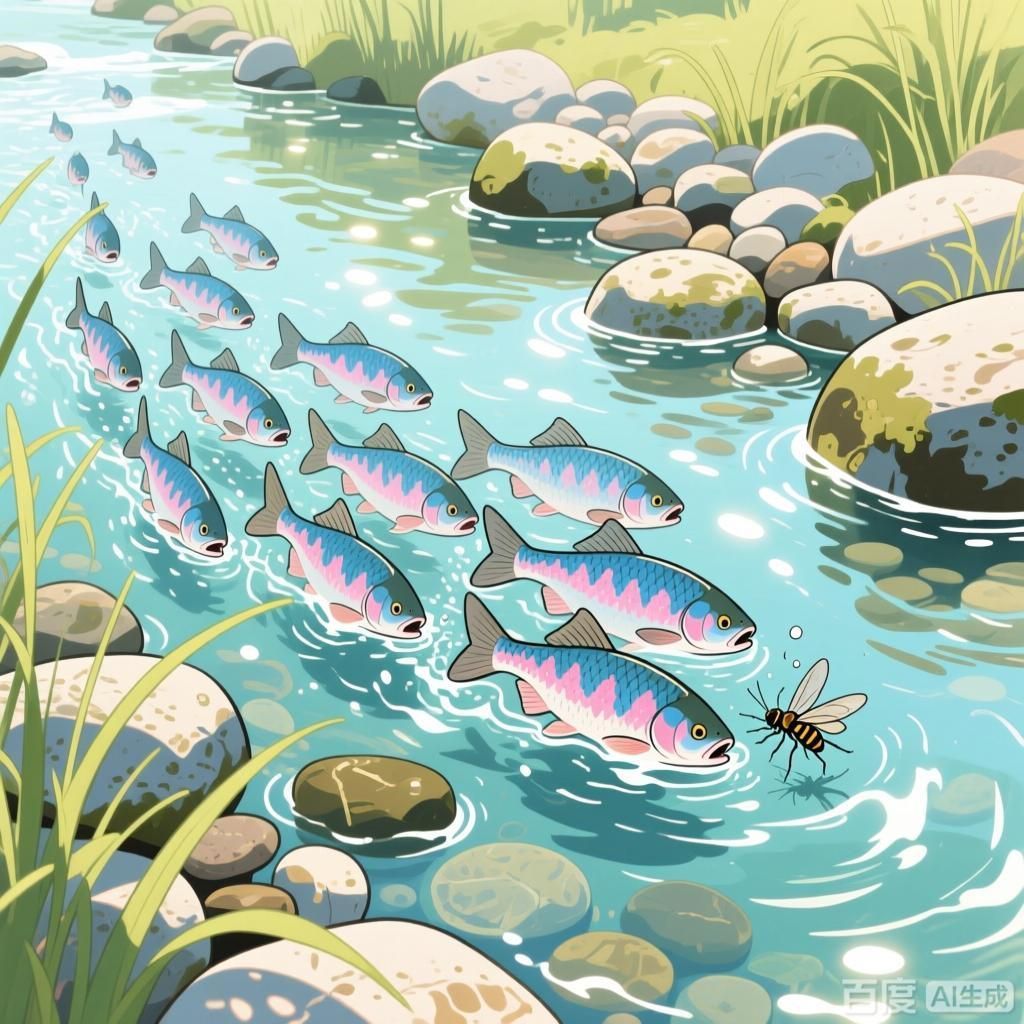 哪些魚種在饑餓時最活躍，四張插畫風格圖，分別呈現不同饑餓活躍魚種的水下覓食場景