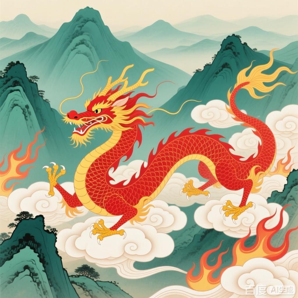 紅龍在不同文化中的形象，四幅插畫分別呈現不同文化里的紅龍形象