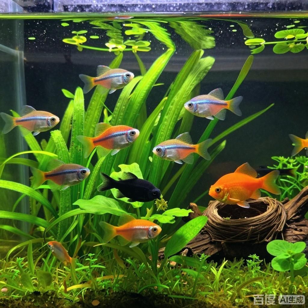 如何搭配魚缸中的魚類，如何搭配魚缸中的魚類，四張插畫圍繞魚缸混養(yǎng)