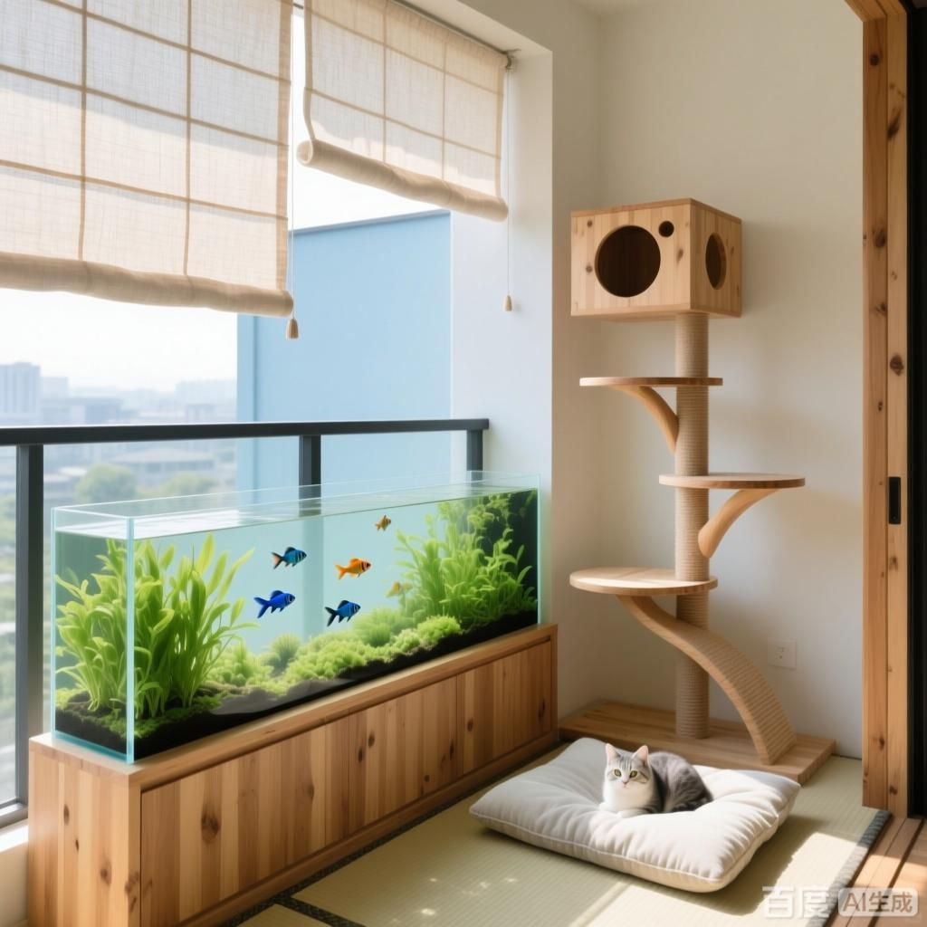 給我一些養魚和養貓的空間配置示例，養魚和養貓的空間配置