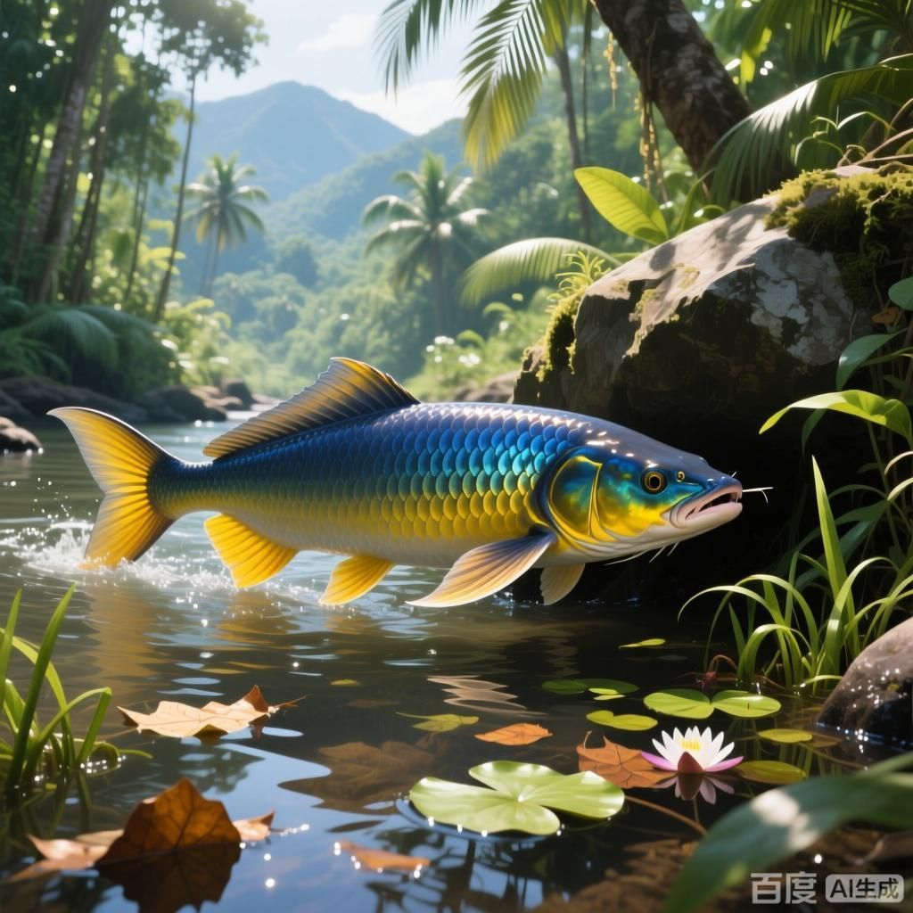 給我一些關于雷龍魚的有趣事實，四張圍繞雷龍魚的趣味科普插畫