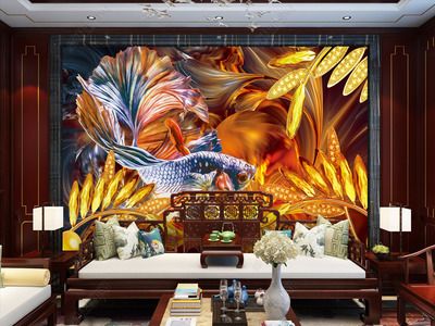 金龍魚背景墻效果圖：金龍魚背景墻效果圖設計